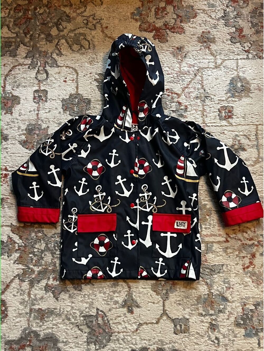 Lazy One Kids Raincoat Size 5 Navy Nautical Anchor Sailboat Hooded Jacket